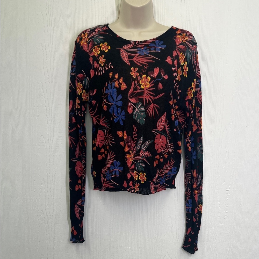Zara - Black Colorful Floral Long Sleeve Crewneck Lightweight Blouse Size Medium